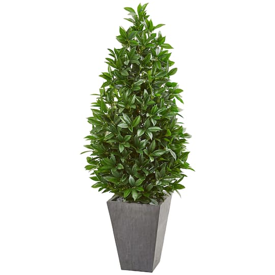 Michaels, 4.7ft. UV Resistant Bay Leaf Cone Topiary Tree in Slate Planter – Category: Trees & Floor Plants